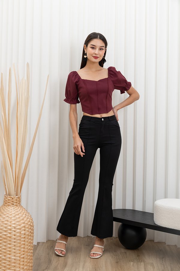 Curved Angles Puff Sleeve Crop Top Burgundy Red