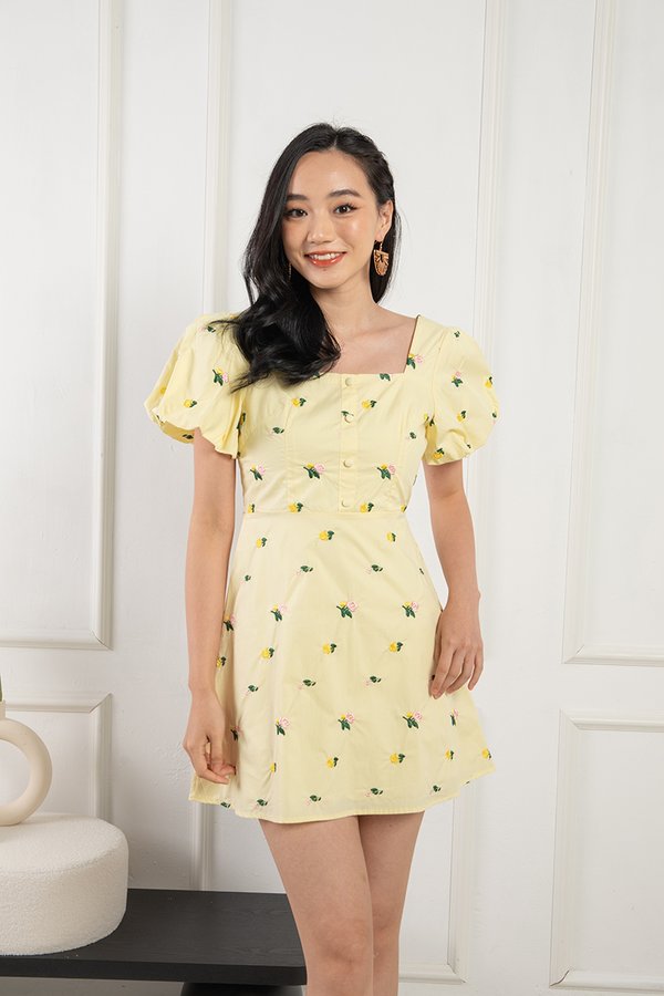 Picking Wildflowers Embroidery Frock Yellow