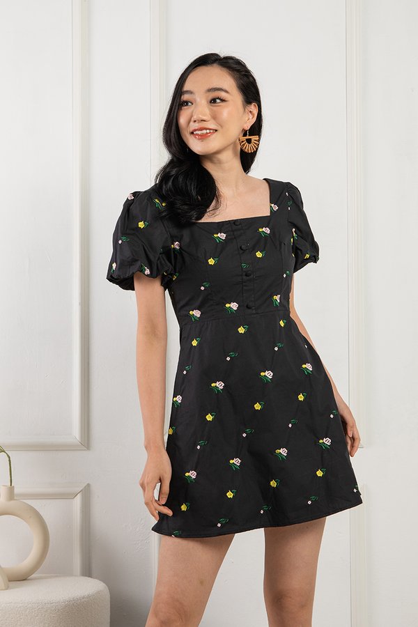Picking Wildflowers Embroidery Frock Black