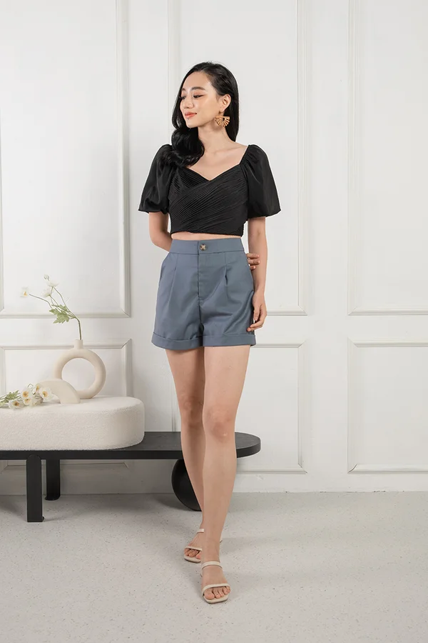 Upbeat Pleats Puff Sleeve Crop Top Black