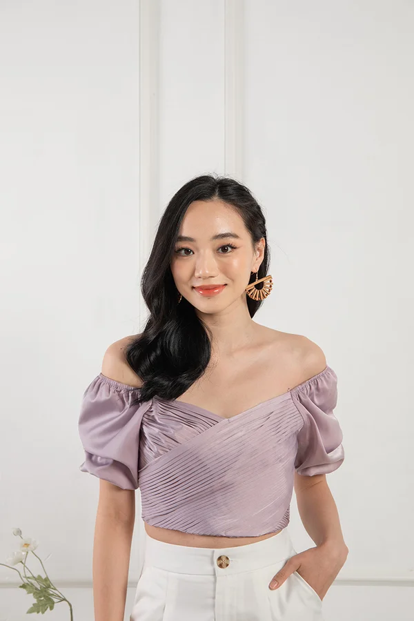 Upbeat Pleats Puff Sleeve Crop Top Mauve Pink
