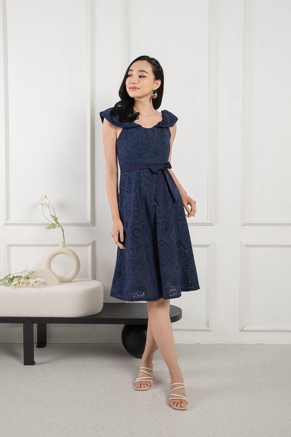 Circling Cottage Core Eyelet Broderie Midi Dress Navy Blue