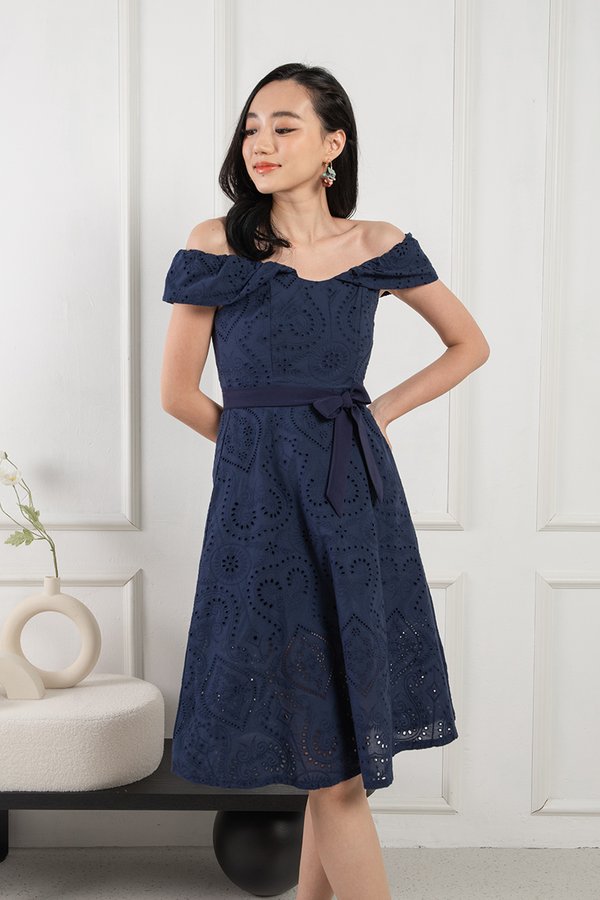 Circling Cottage Core Eyelet Broderie Midi Dress Navy Blue