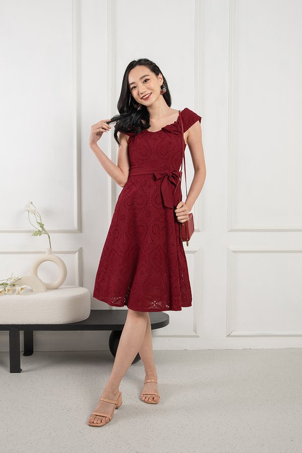 Circling Cottage Core Eyelet Broderie Midi Dress Burgundy Red