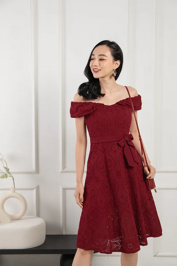 Circling Cottage Core Eyelet Broderie Midi Dress Burgundy Red