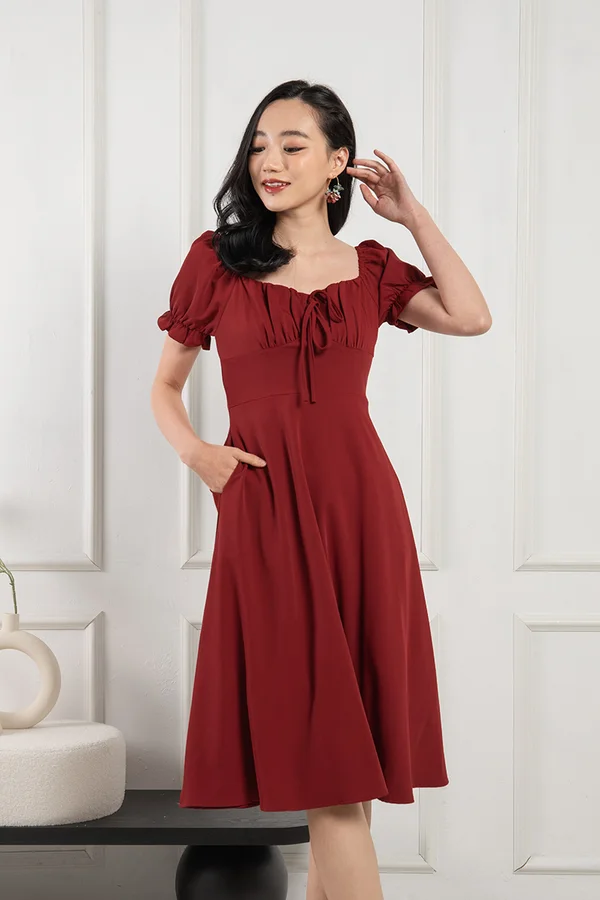 Wishes under the Windowsill Shirred Midi Dress Burgundy Red