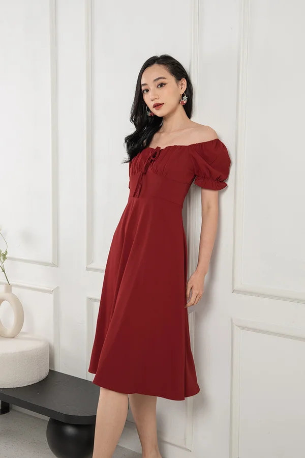 Wishes under the Windowsill Shirred Midi Dress Burgundy Red