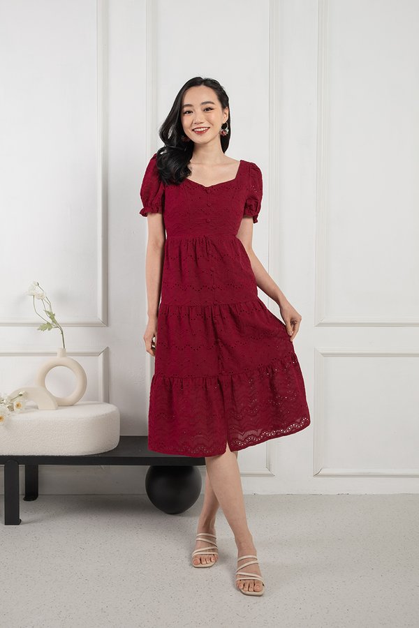 Making Tiers of Eyelets Button Midi Dress Burgundy Red