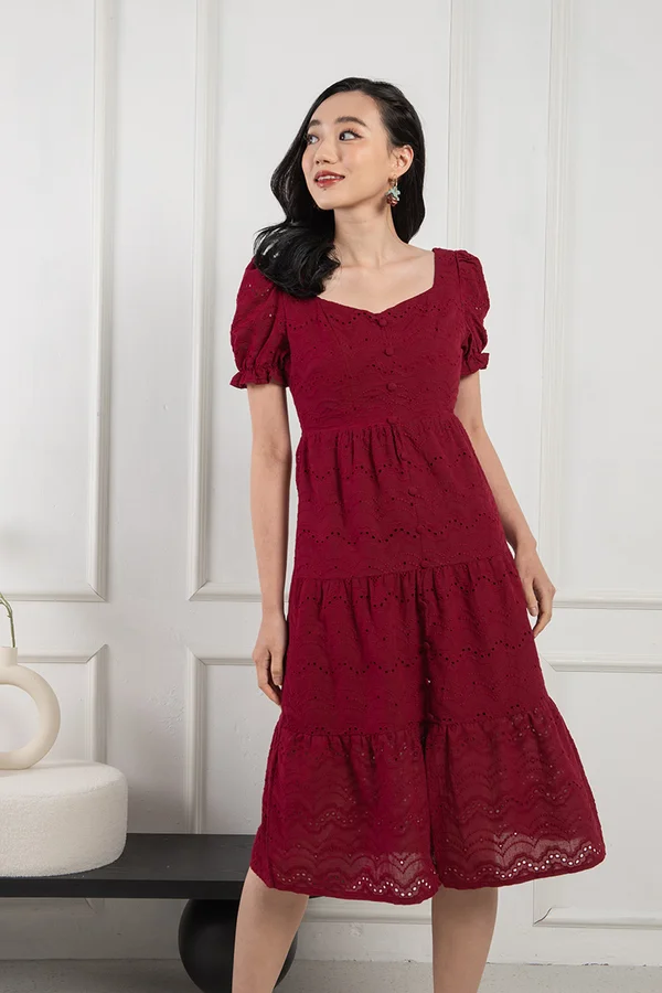 Making Tiers of Eyelets Button Midi Dress Burgundy Red