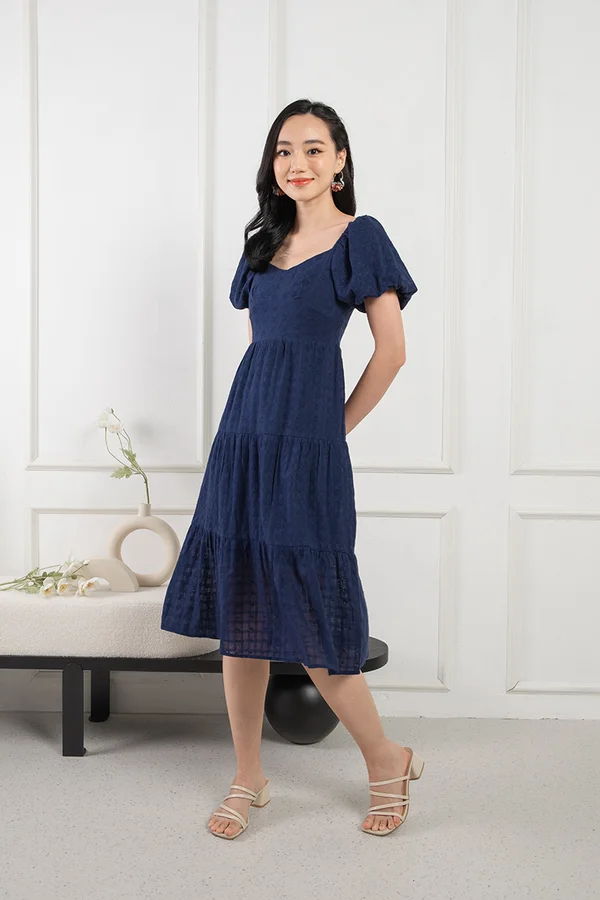 Ephermeral Eyelets Tonal Checks Broderie Midi Dress Navy Blue
