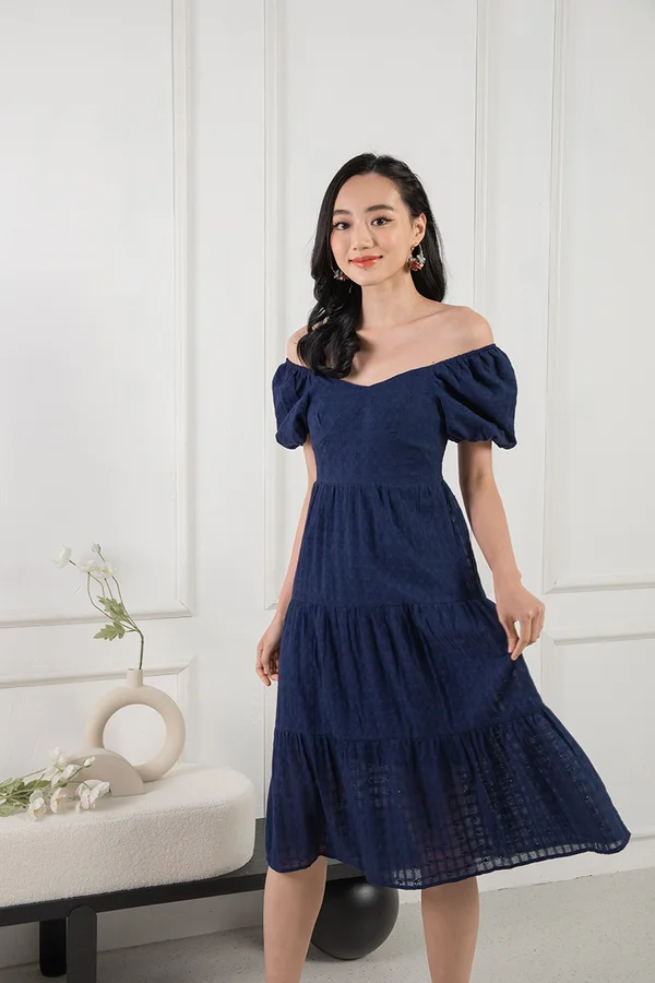 Ephermeral Eyelets Tonal Checks Broderie Midi Dress Navy Blue