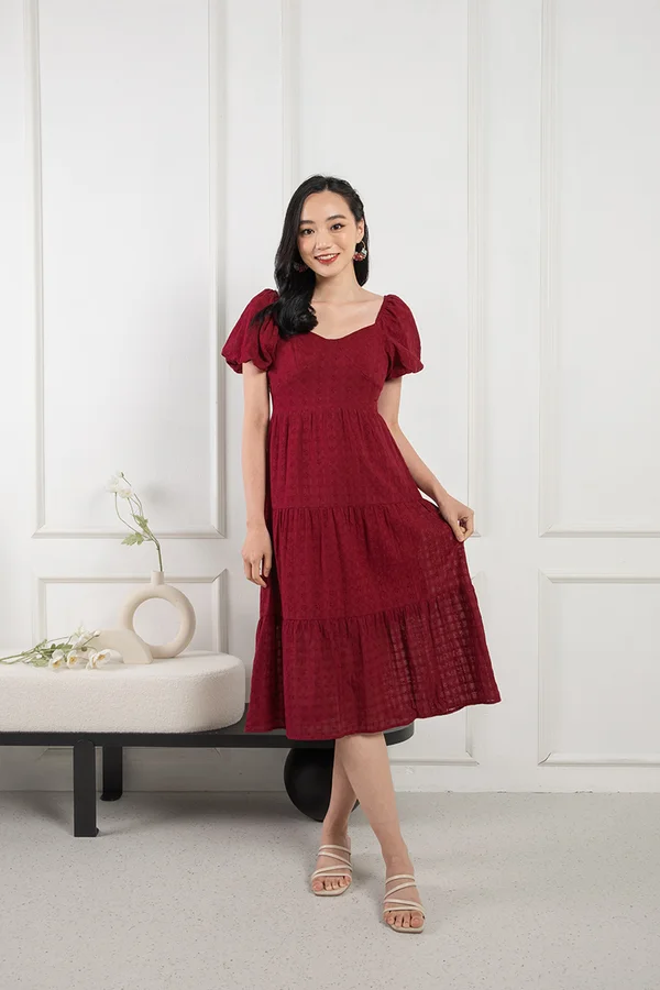 Ephermeral Eyelets Tonal Checks Broderie Midi Dress Burgundy Red