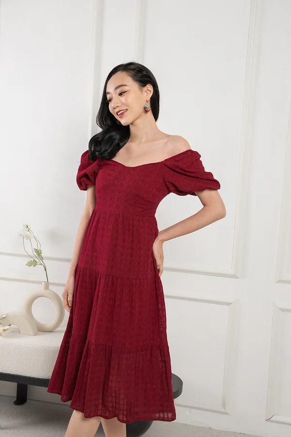 Ephermeral Eyelets Tonal Checks Broderie Midi Dress Burgundy Red