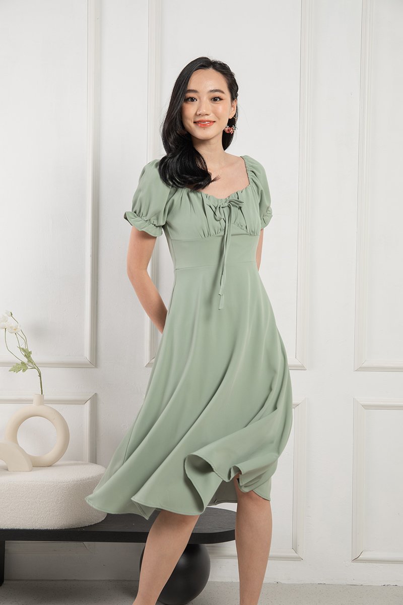 Dress lechicsg Shirred under Wishes Midi Green Windowsill | Sage the