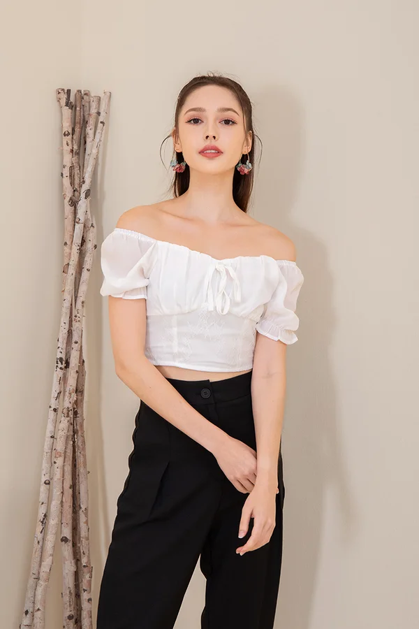 Serenade of Shirs Lace Crop Top White