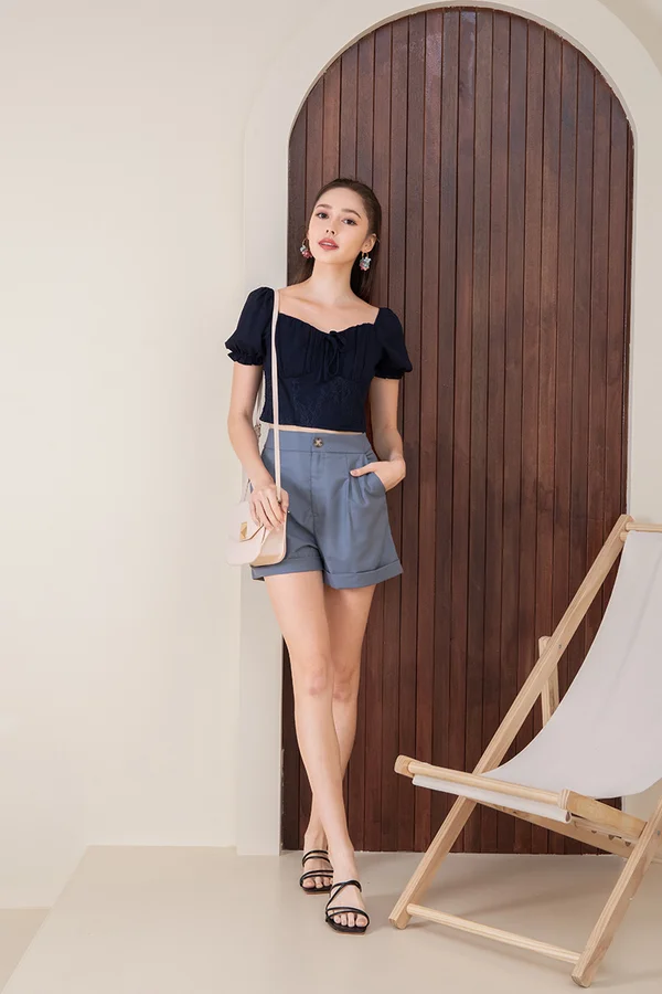 Serenade of Shirs Lace Crop Top Navy Blue
