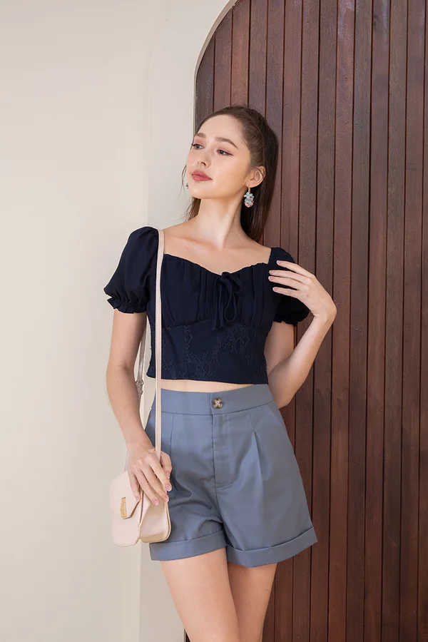 Serenade of Shirs Lace Crop Top Navy Blue