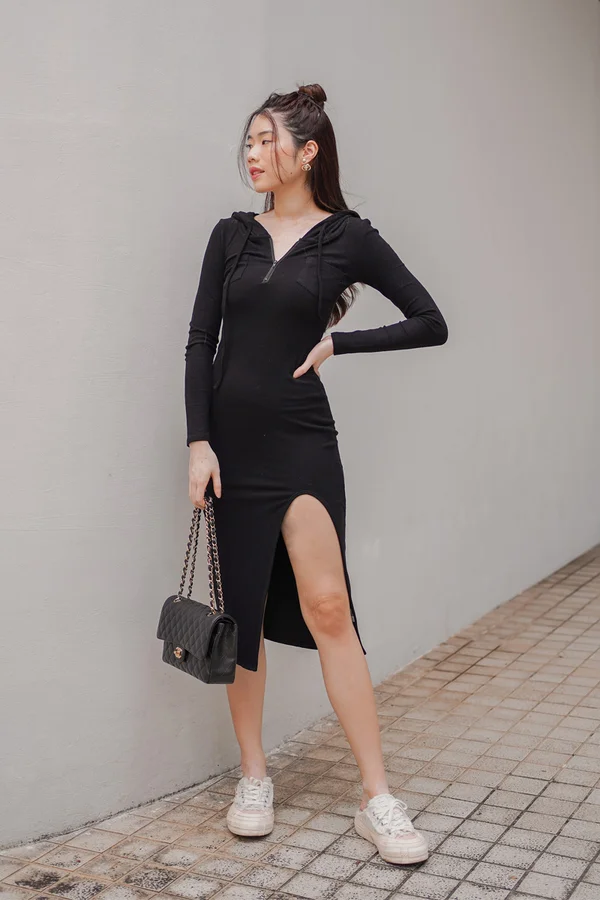 Season of Snugs Hoodie Jumper Knit Dress Black