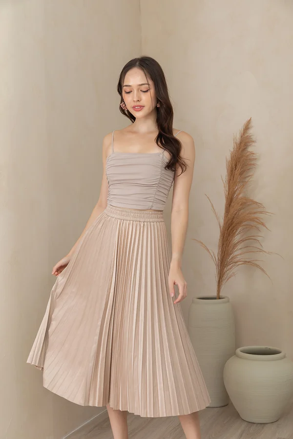 Permanence of Fall Pleat Midi Skirt Champagne Beige