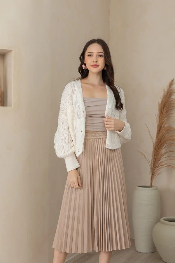 Permanence of Fall Pleat Midi Skirt Champagne Beige