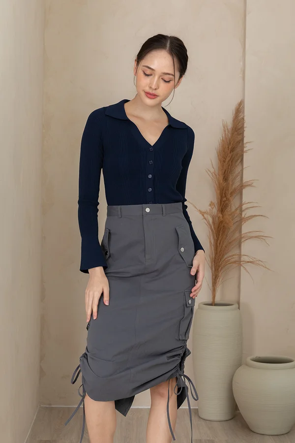 Trusty Utility Instincts Side Hem Drawstring Midi Skirt Grey