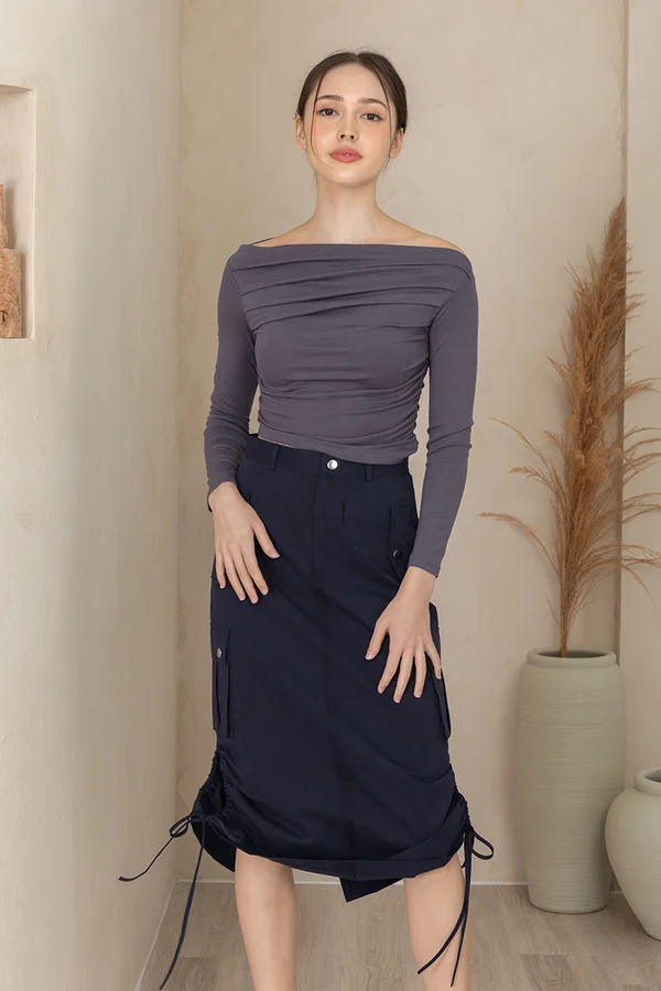 Slant Precision Pleated Gathered Top Grey