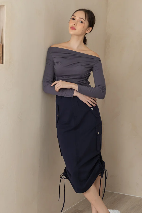 Slant Precision Pleated Gathered Top Grey