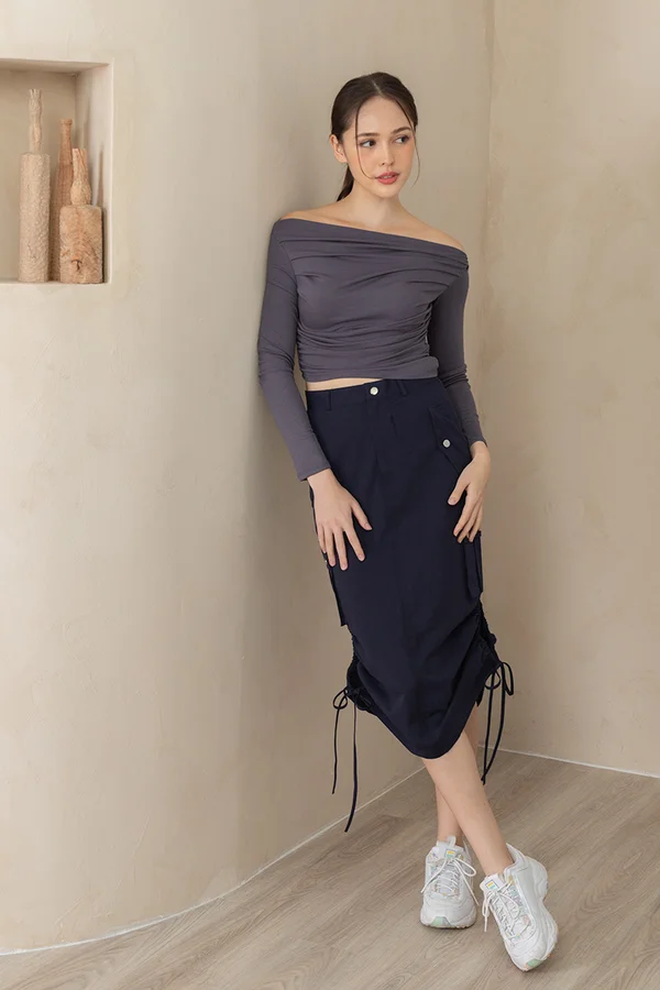 Trusty Utility Instincts Side Hem Drawstring Midi Skirt Navy Blue
