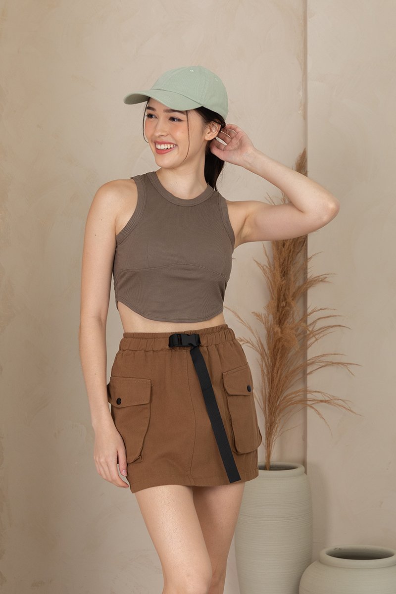 Cargo Comeback Flap Pocket Buckle Skirt Brown | lechicsg