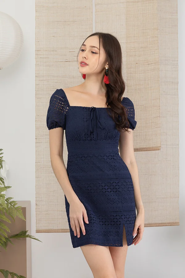 Reigning Eyelets Broderie Crochet Dress Navy Blue
