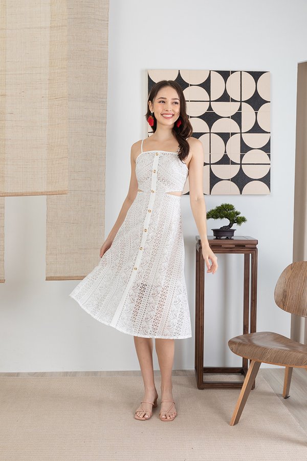 Ravishingly Laced Side Cutouts Midi Dress White