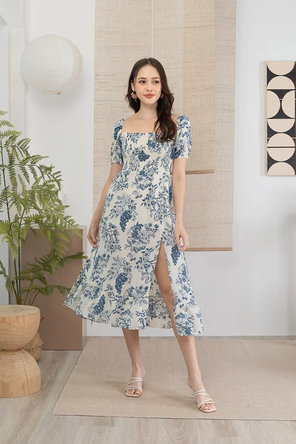 Porcelain Sensibility Smocked Slit Midi Dress Fruits
