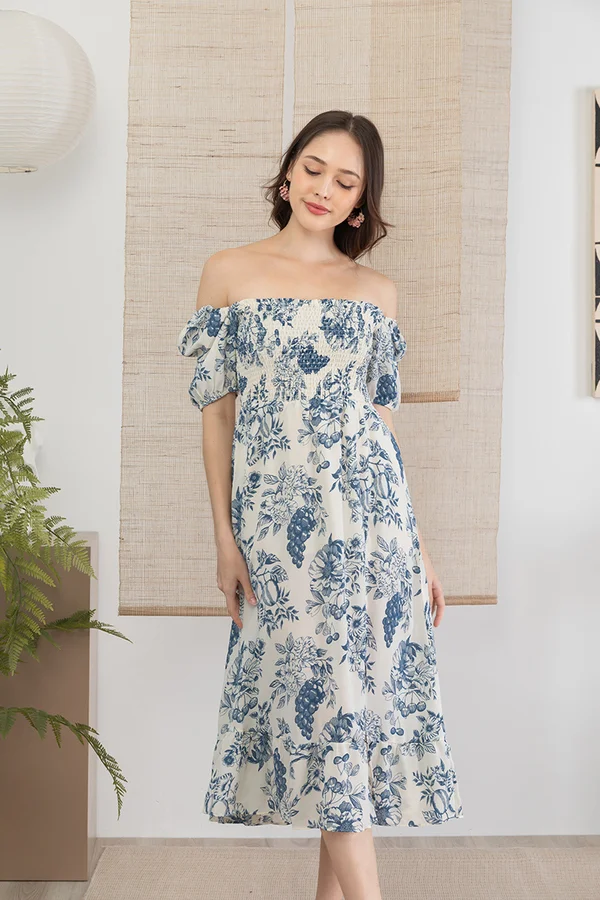 Porcelain Sensibility Smocked Slit Midi Dress Fruits