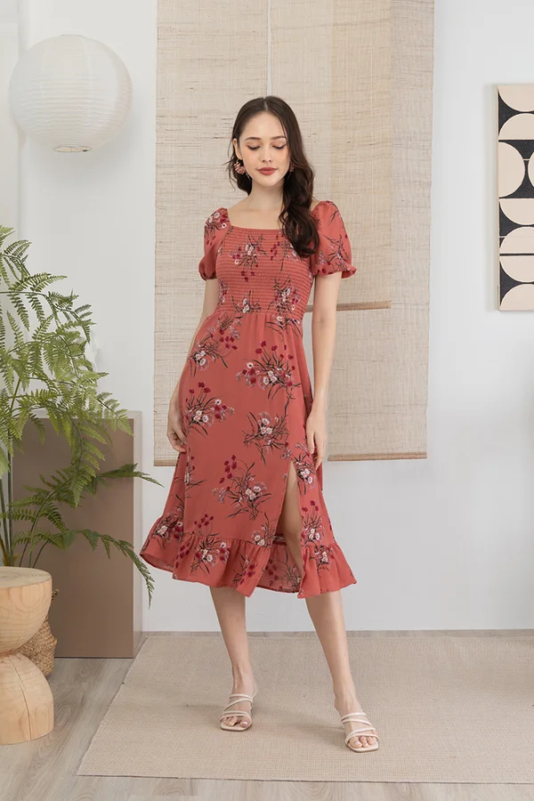 Porcelain Sensibility Smocked Slit Midi Dress Tea Rose