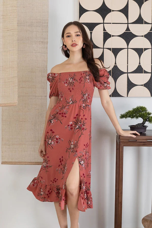Porcelain Sensibility Smocked Slit Midi Dress Tea Rose