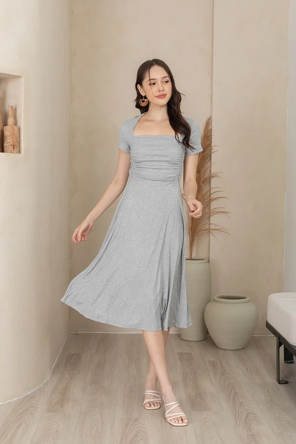 Shir Scrunch Soiree Ruched Square Midi Dress Ash Grey