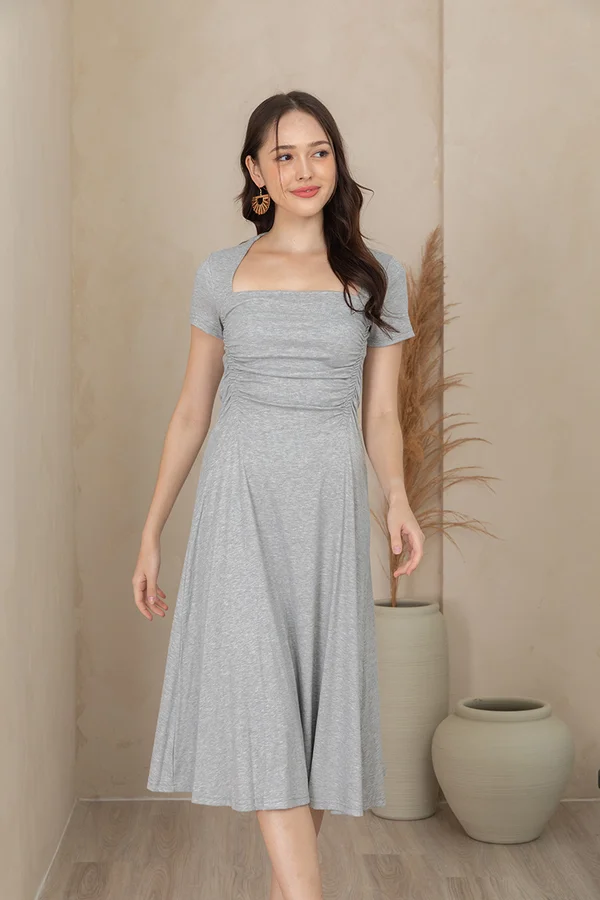 Shir Scrunch Soiree Ruched Square Midi Dress Ash Grey