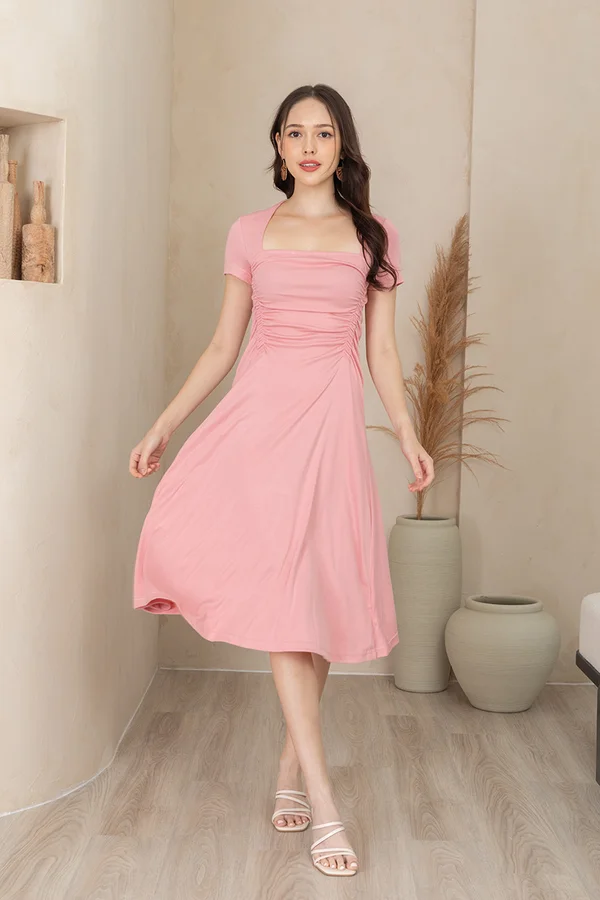 Shir Scrunch Soiree Ruched Square Midi Dress Pink