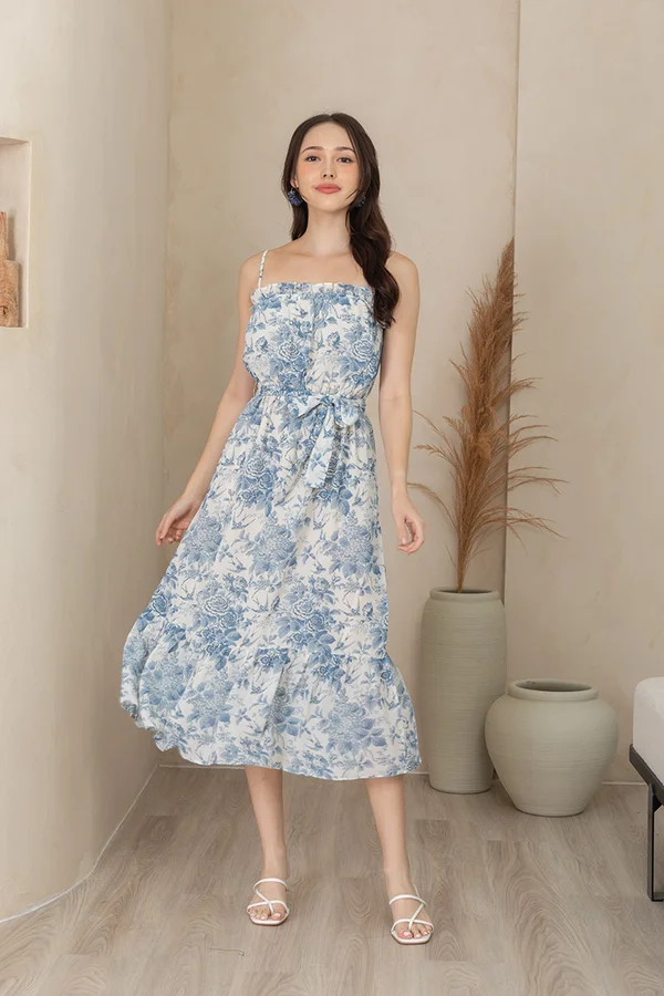 Nostalgic Ode Porcelain Florals Sash Dropwaist Midi Dress