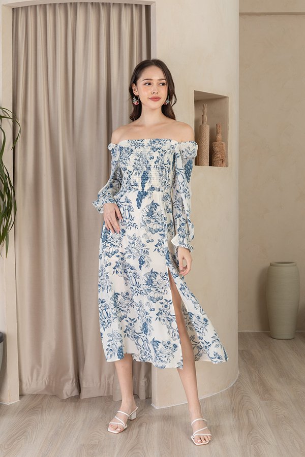 Blue Grapes Grandiose Porcelain Print Blouson Midi Dress