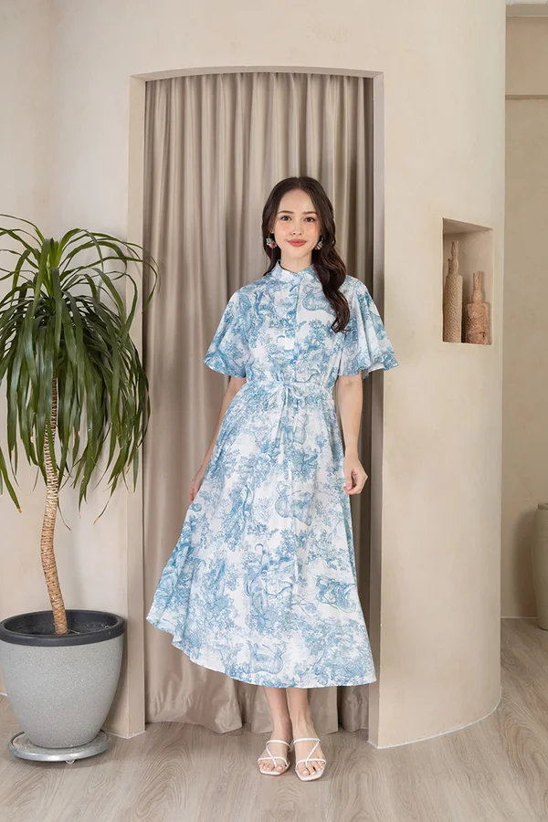 Pastoral Porcelain Pastures Printed Button Midi Dress Blue