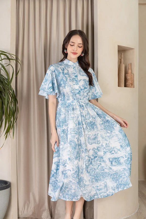 Pastoral Porcelain Pastures Printed Button Midi Dress Blue