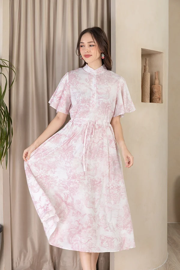 Pastoral Porcelain Pastures Printed Button Midi Dress Pink
