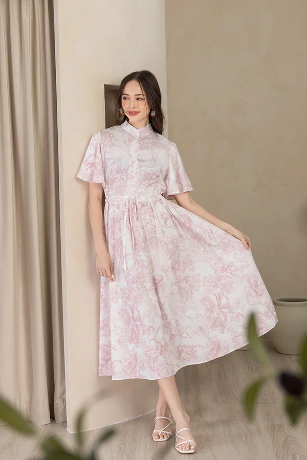 Pastoral Porcelain Pastures Printed Button Midi Dress Pink