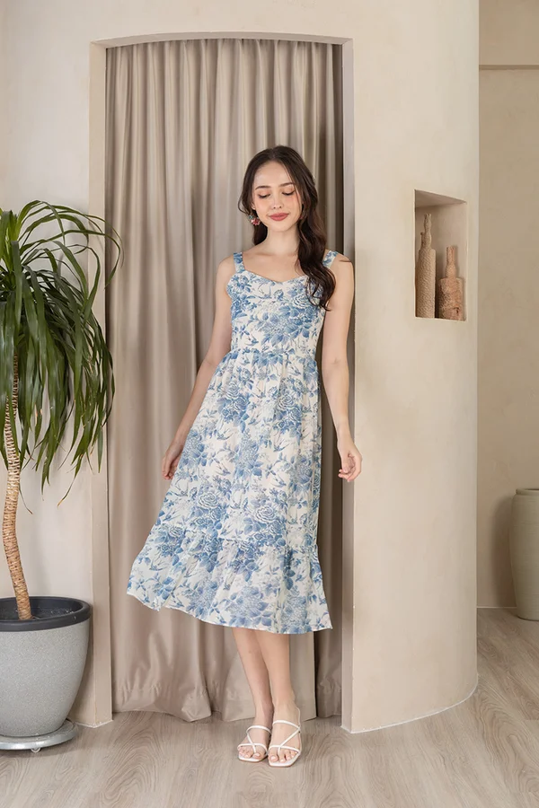 Porcelain Posterity Florals Dropwaist Midi Dress
