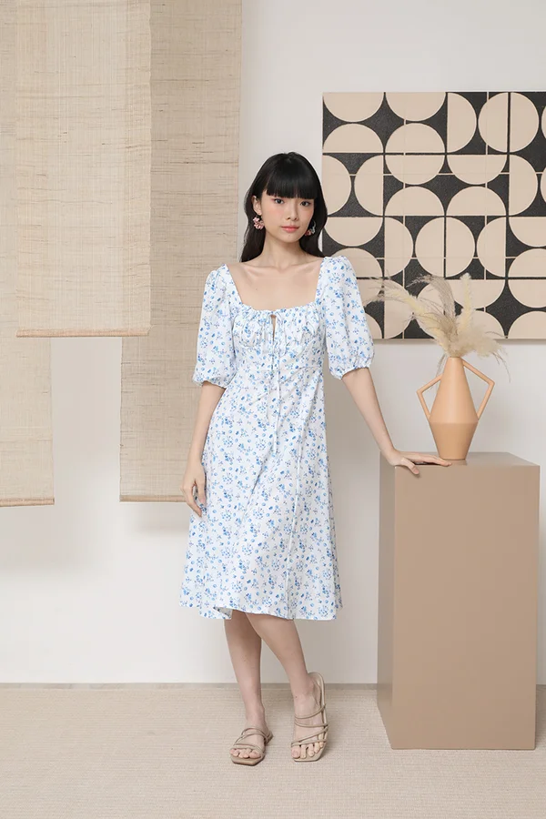 Handpicked Porcelain Bouquets Floral Midi Dress
