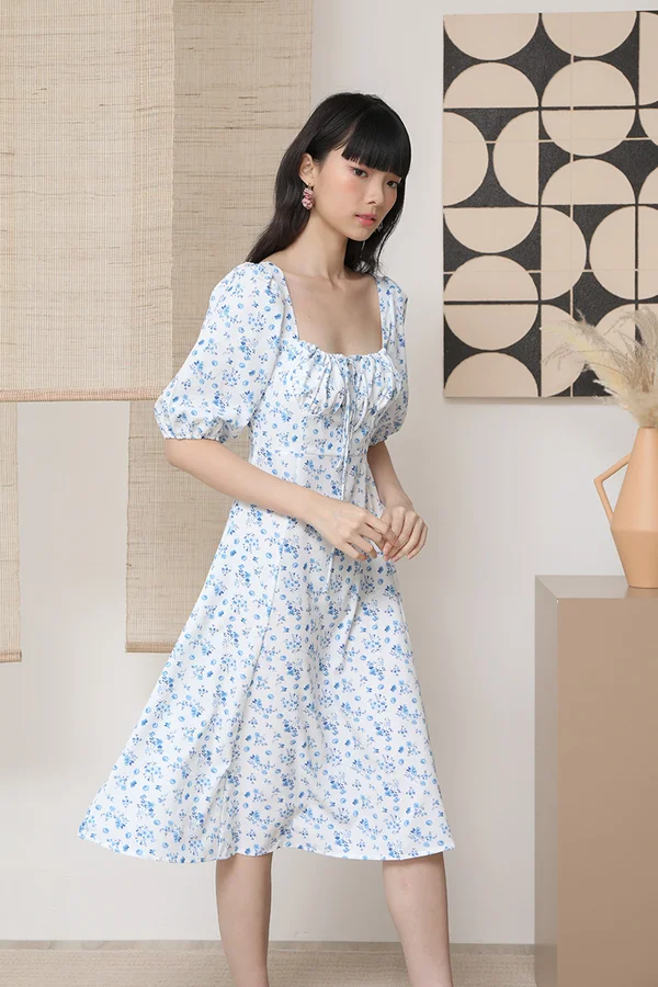 Handpicked Porcelain Bouquets Floral Midi Dress