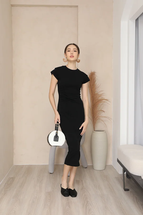 Ruche Prospects Shirred Bodycon Midi Tee Dress Black