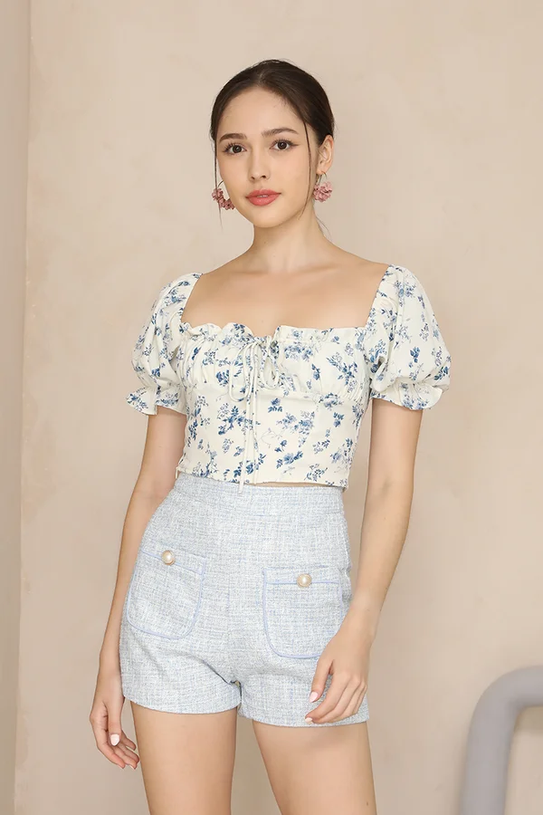 Powdery Pastels Tweed Pocket Pearl Shorts Blue