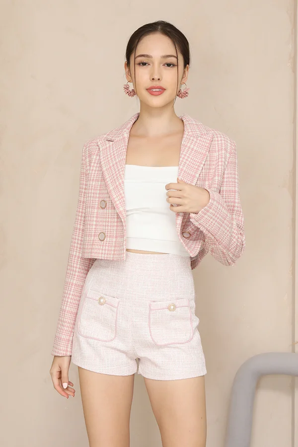 Powdery Pastels Tweed Pocket Pearl Shorts Pink